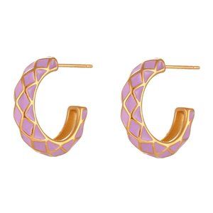 Lilac Purple Enamel Geometric Pattern Hoop Earrings 18K Gold‎ Plated Stainless